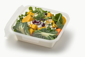 Sticker - Isolated on a white background, a healthy vegetarian salad in a plastic takeout container. Generative AI