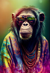 Wall Mural - Generative AI abstract render of a hippie Chimpanzee