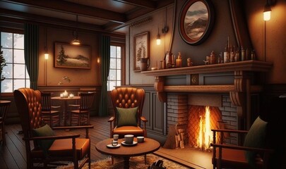 Sticker -  a living room with a fire place and a fireplace in it.  generative ai