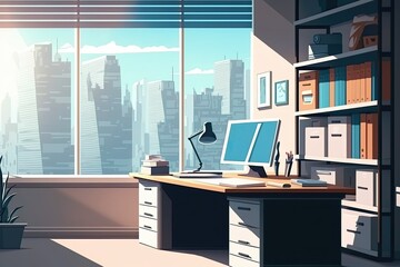 Poster - Cartoon workplace including a desk, computer, and panoramic window overlooking an abstract cityscape. File cabinet shelf. Pretend the screen is blank. Generative AI