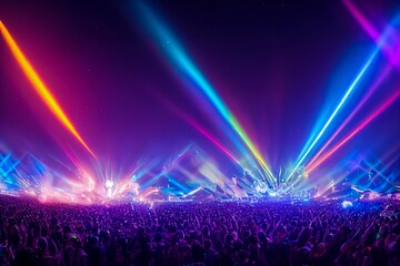 Panorama live music concert crowd and audience with beams light show and concert lighting. Edm electronic techno music festival or rock show performance with crowded people silhouette. Generative AI