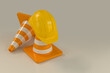 Traffic Cones and Yellow Helmet. 3d Rendering