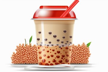 Sticker - Bubble milk tea with tapioca pearls (also known as boba) from Taiwan, flavored with taro and served in a plastic cup; a perfect summertime treat. Generative AI