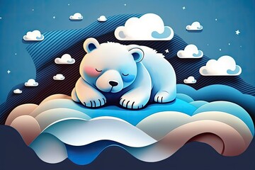 Sticker - Creatures of the night in cartoon form. Lovely bear dozing off on a bed of colorful clouds. picture. Generative AI