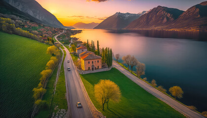 Wall Mural - Drohnenaufnahme Landschaft am Gardasee Italien bei Sonnenuntergang Abstrakt Illustration Digital Art Generative AI Hintergrund Cover Kunst