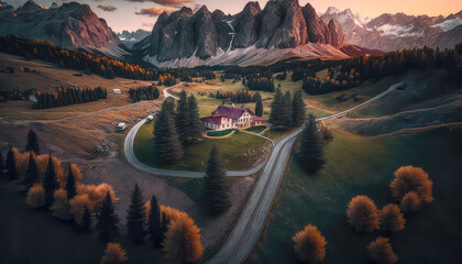 Wall Mural - Drohnenaufnahme Landschaft am Gardasee Italien bei Sonnenuntergang Abstrakt Illustration Digital Art Generative AI Hintergrund Cover Kunst