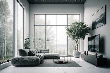 Wall Mural - Modern, future minimalist interior on white color, big windows in living room. AI generated, human enhanced.