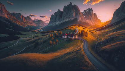 Wall Mural - Drohnenaufnahme Landschaft am Gardasee Italien bei Sonnenuntergang Abstrakt Illustration Digital Art Generative AI Hintergrund Cover Kunst