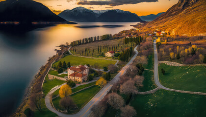 Wall Mural - Drohnenaufnahme Landschaft am Gardasee Italien bei Sonnenuntergang Abstrakt Illustration Digital Art Generative AI Hintergrund Cover Kunst