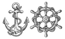 Nautical Set. Anchor And Ship Helm, Steering Wheel In Sketch Style. Vintage Illustration Isolated On White Background
