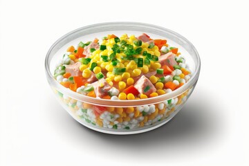 Sticker - Isolated on a white background, a healthy serving of tuna salad made with corn, carrots, and peas. Salsa de maiz mexicana, a salad made with corn. Generative AI