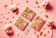 Apple Granola Bars Prepared From Scratch With Dried Apples And Pumpkin Seeds, Set Against A Soft Pink Background, And Accented With A Bouquet Of Pink And White Roses. Perspective From On High