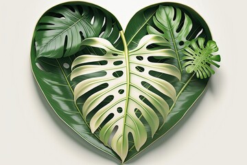 Poster - A heart shaped tropical leaf. The idea of loving one's mother on Mother's Day. Lie flat. Generative AI