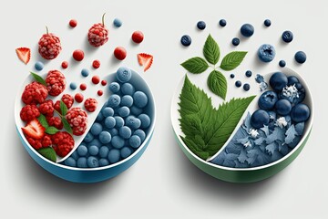 Poster - berries, both blue and red green smoothies bowls of fruit, nuts, and seeds for breakfast. the practi
