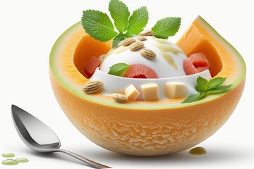 Wall Mural - Melon cantaloupe bowl with fruit salad and yogurt in it. Generative AI