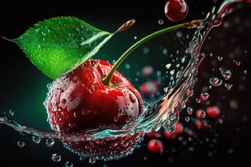 Close-up of a cherry splashing with water droplets (Generative AI)