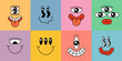 Cartoon crazy smiley character face set on square colorful stickers. Different emotions melted emoji collection. Funny psychedelic smile faces. Positive cartoon facial expressions. y2k style smiles