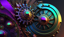 Abstract Steampunk Background Of Iridescent Gears And Cogs For Wallpaper, Banners, Posters - Generative AI