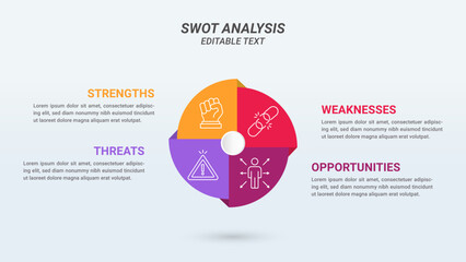 Circular SWOT Analysis Infographics Diagram with Four Steps or Options. Business Advantages and Disadvantages. Colorful Presentation Template for Planning, Management, and Evaluation of Project.