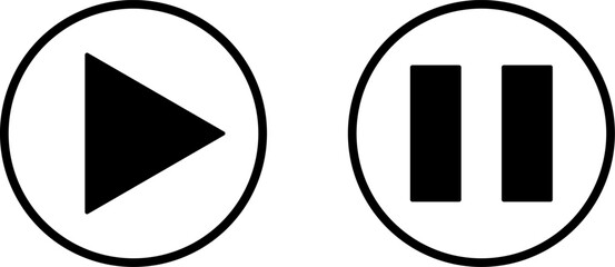 Poster - Play Stop or Start Pause Icon Set of Black and White Round Button Symbols. Vector Image.