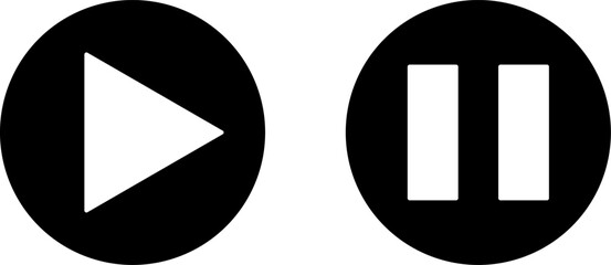 Poster - Play Stop or Start Pause Icon Set of Black and White Round Button Symbols. Vector Image.