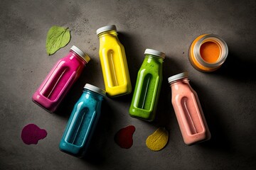 Poster - Top view of colorful glass bottles containing organic vegetable and fruit smoothies and juices in bright hues of red, orange, green, yellow, and pink on a grey concrete surface. Generative AI