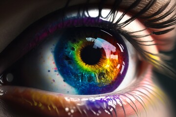 Female eye closeup with rainbow pupil. Generative AI