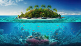 Fototapeta Do akwarium - Waterline between tropical island and coral reef. Based on Generative AI