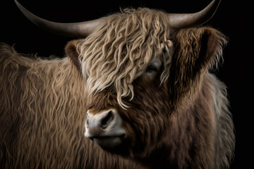 Wall Mural - Scottish highland cattle close up. Side view of big brown hairy cow. Generative AI