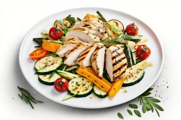 Poster - Salad with grilled chicken, tomatoes, zucchini, and carrots, against a white wooden background. Generative AI