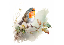 Watercolor Robin Redbreast. Wildlife Illustration For Design, Print, Fabric Or Background. Generative AI