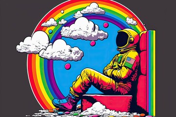 Sticker - This astronaut has found a comfortable place to sit on a rainbow. In this example of pop art, a retro illustration from the comic book cartoon kitsch. Generative AI