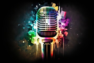 Wall Mural - So, let's break out into song! Elegant vintage microphone with a colorful gradient background. Generative AI