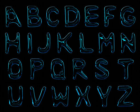 3d rendering of the English alphabet. Volumetric latin letters on a black background