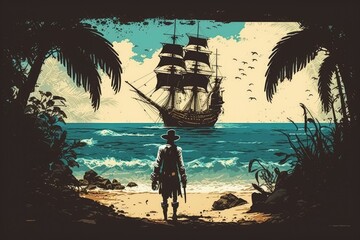 Canvas Print - At sea, a pirate ship. Generative AI