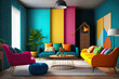 Interior design of a living room with brightly colored , ai generated