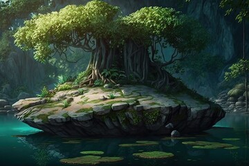 trees and a stone platform in a tropical forest. generative ai