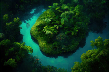 Wall Mural - Aerial view of rainforest. Green ecological generative illustration
