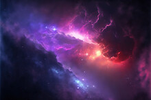 Purple, Red And Blue Space With Stars. Fantasy Galaxy Generative AI Background
