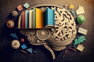 A brain and books. Education and success concept. Online Education (Generative AI)