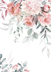 Watercolor floral border wreath with green leaves, pink peach blush white flowers branches, for wedding invitations, greetings, wallpapers, fashion, prints. Eucalyptus, olive, rose, peony.