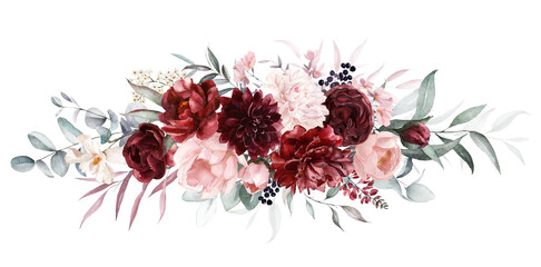 Wall Mural - Watercolor floral bouquet - green leaves, burgundy maroon scarlet pink peach blush white flowers leaf branches. Wedding invitations stationery wallpapers fashion prints. Eucalyptus, olive, rose, peony