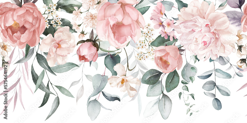 Watercolor floral seamless border with green leaves, pink peach blush ...