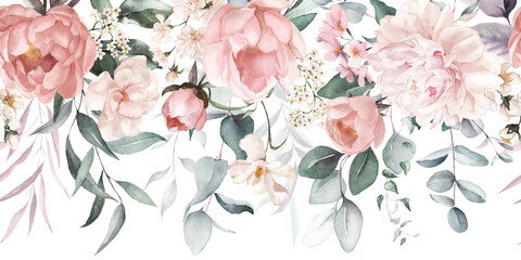 Wall Mural - Watercolor floral seamless border with green leaves, pink peach blush white flowers, leaf branches. For wedding invitations, greetings, wallpapers, fashion, prints. Eucalyptus, olive, rose, peony.