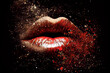 Female lips with red lipstick and glitter beauty make-up.