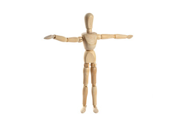 A wooden artist's mannequin posed with arms outstreched isolated on white