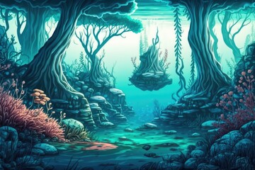 Poster - Marine Biome or Forest Below the Surface. Method using colored pencils. Digital CG Artwork for Video Game, Vivid Concept Illustration, Photorealistic Cartoon Artwork Background. Generative AI