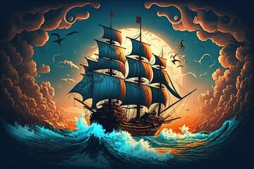 Wall Mural - Extreme weather conditions for an ancient ship clouds brewing over the ocean in the background. Generative AI