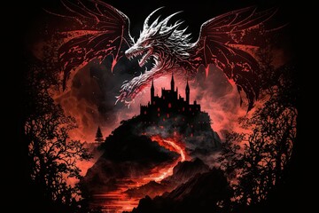 Wall Mural - The ancient castle was engulfed in mystical flames in a stunning digital artwork depiction of a dark crimson dragon. Generative AI