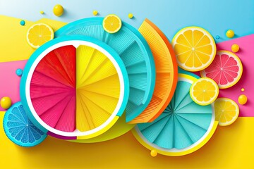 Wall Mural - Advertisement banner style. Lemons of varying hues sliced and served. Concept of summertime reviving cleanliness. Lemons in a rainbow of colors yellow, pink, and blue. The background is a citrus pop